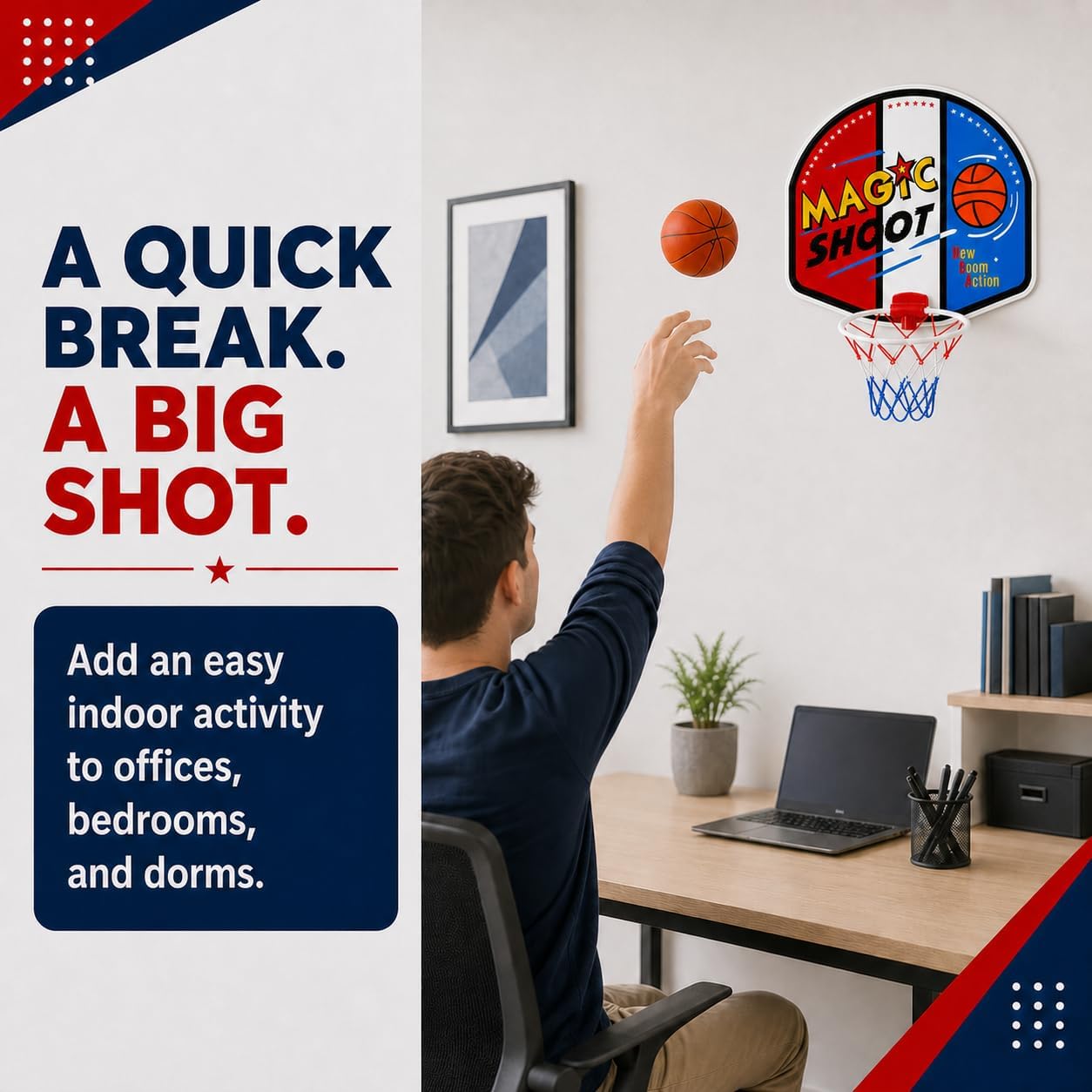 Indoor Mini Basketball Hoop Set, 16 x 13 in Backboard, Ball and Manual Pump | Over The Door Basketball Hoop With 9-Inch White Rim, 4.5-Inch Ball