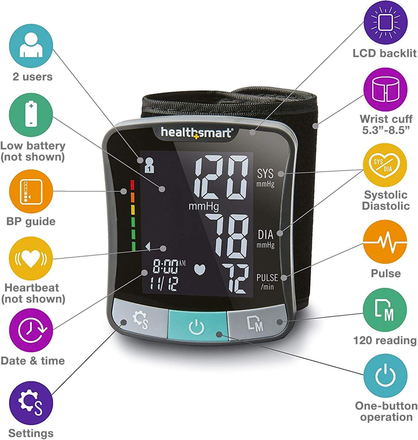 HealthSmart Digital Premium Wrist Blood Pressure Monitor with Cuff That Measures Pulse Heartbeat and High or Low BP