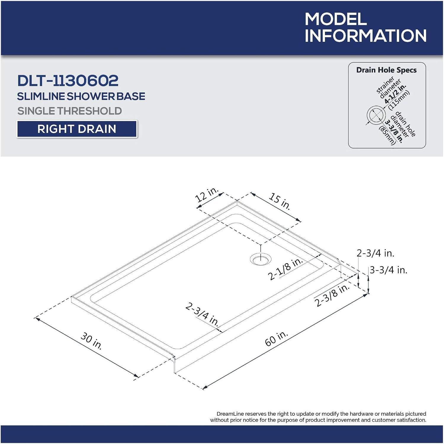 DreamLine 30 in. D x 60 in. W x 75 5/8 in. H Left Drain Acrylic Shower Base and QWALL-3 Backwall Kit In White, DL-6145L-01