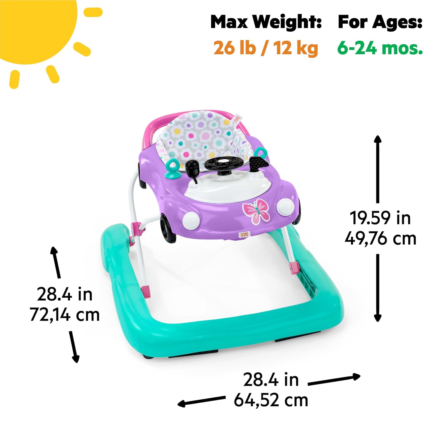 Bright Starts JuneBerry Walk-A-Bout Baby Walker and Entertainer, with Easy Fold Frame for Storage, Ages 6 Months +