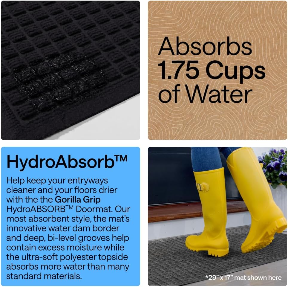 GORILLA GRIP® HydroABSORB Door Mat for Indoor Outdoor Use, 29x17 Black
