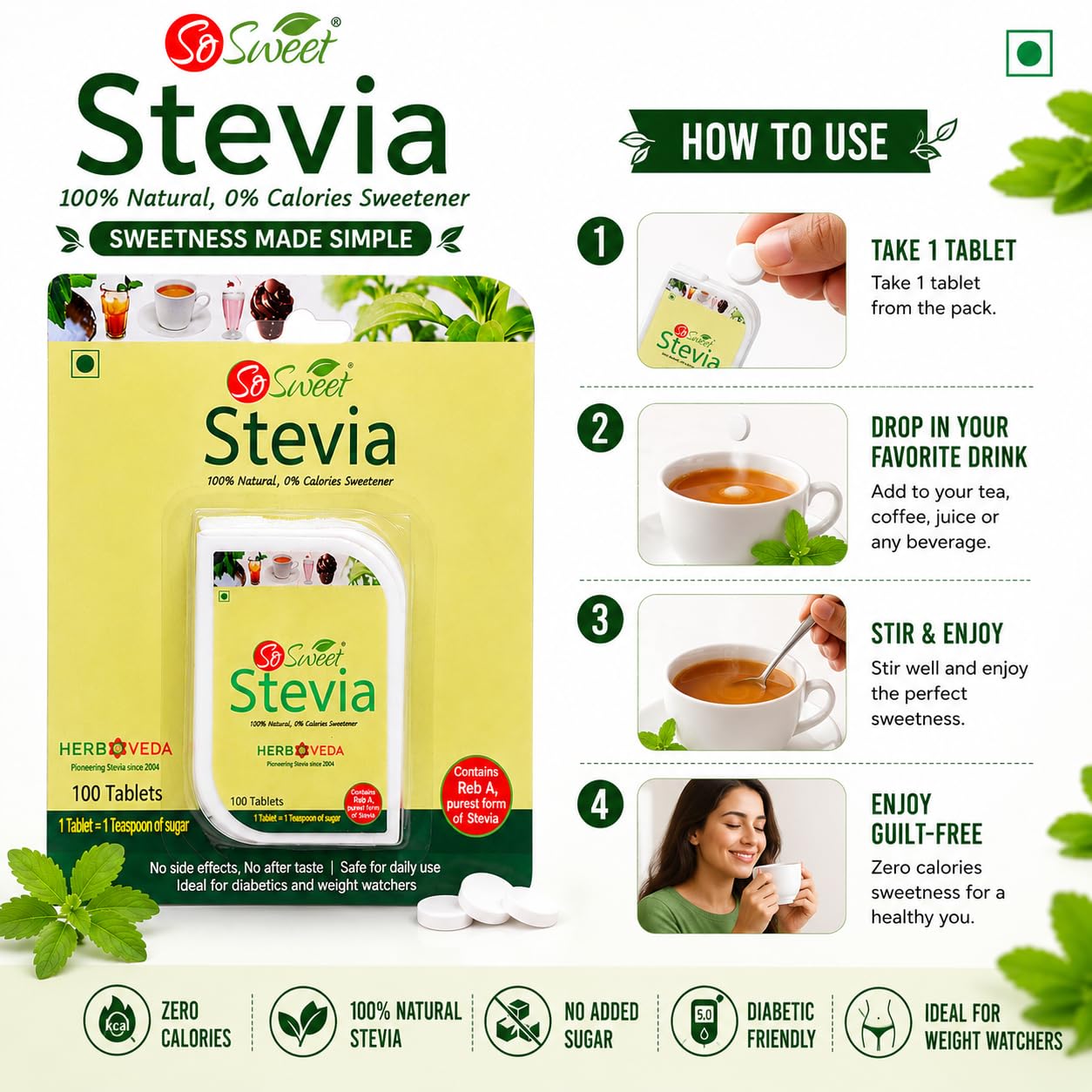 So Sweet Stevia 500 Tablet Dispenser - Natural Sweetener, Zero Calories, Keto-Friendly, Sugar Substitute, No Artificial Flavors, Convenient Travel Size