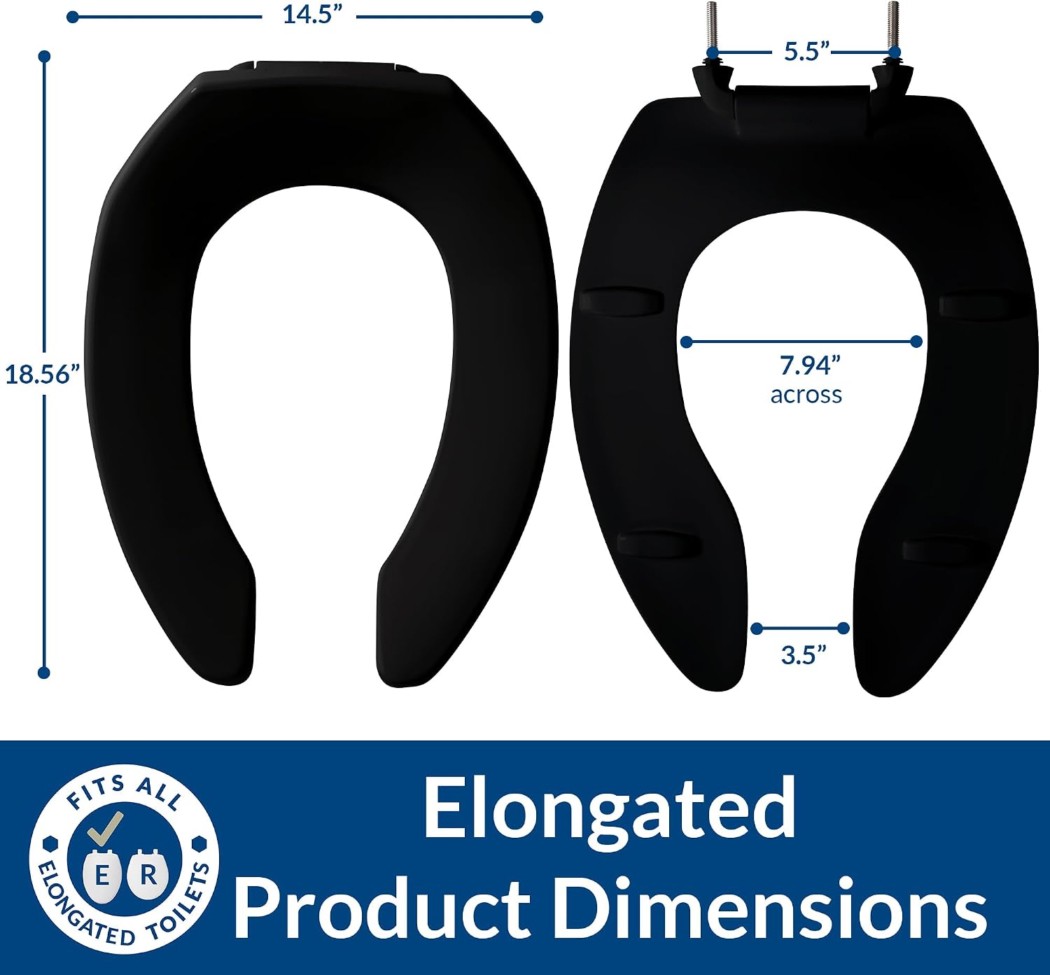 CHURCH 295CT Commercial Open Front Plastic Toilet Seat, Heavy Duty Industrial Seat without Lid, Secure Installation for Long Lasting Use, Made in USA, Elongated, Black