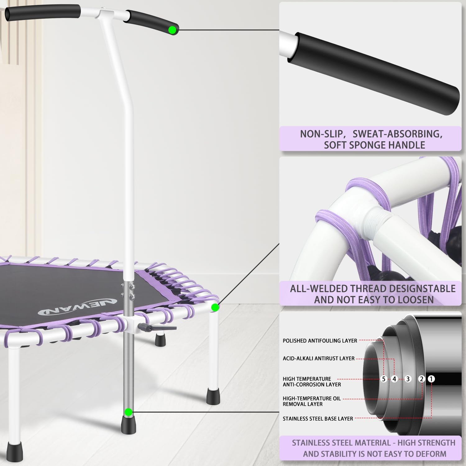 Newan 48'' Fitness Trampoline with Adjustable Handle Bar, Silent Trampoline Bungee Rebounder Jumping Cardio Trainer Workout for Adults - Max Limit 330 lbs