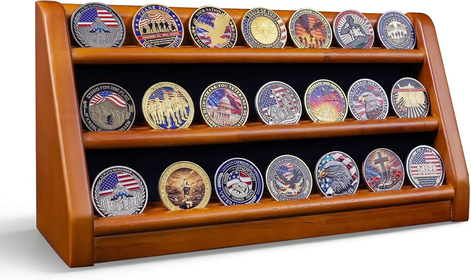 ASmileIndeep 3 Rows Wooden Challenge Coin Wall Display Stand - Military Coin Holder Army Coins Rack, Holds 21-24 Coins, Mahogany