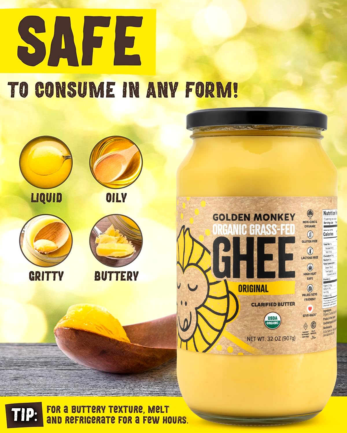 GOLDEN MONKEY Organic Ghee Butter – Grass Fed Clarified Butter for Cooking, Baking