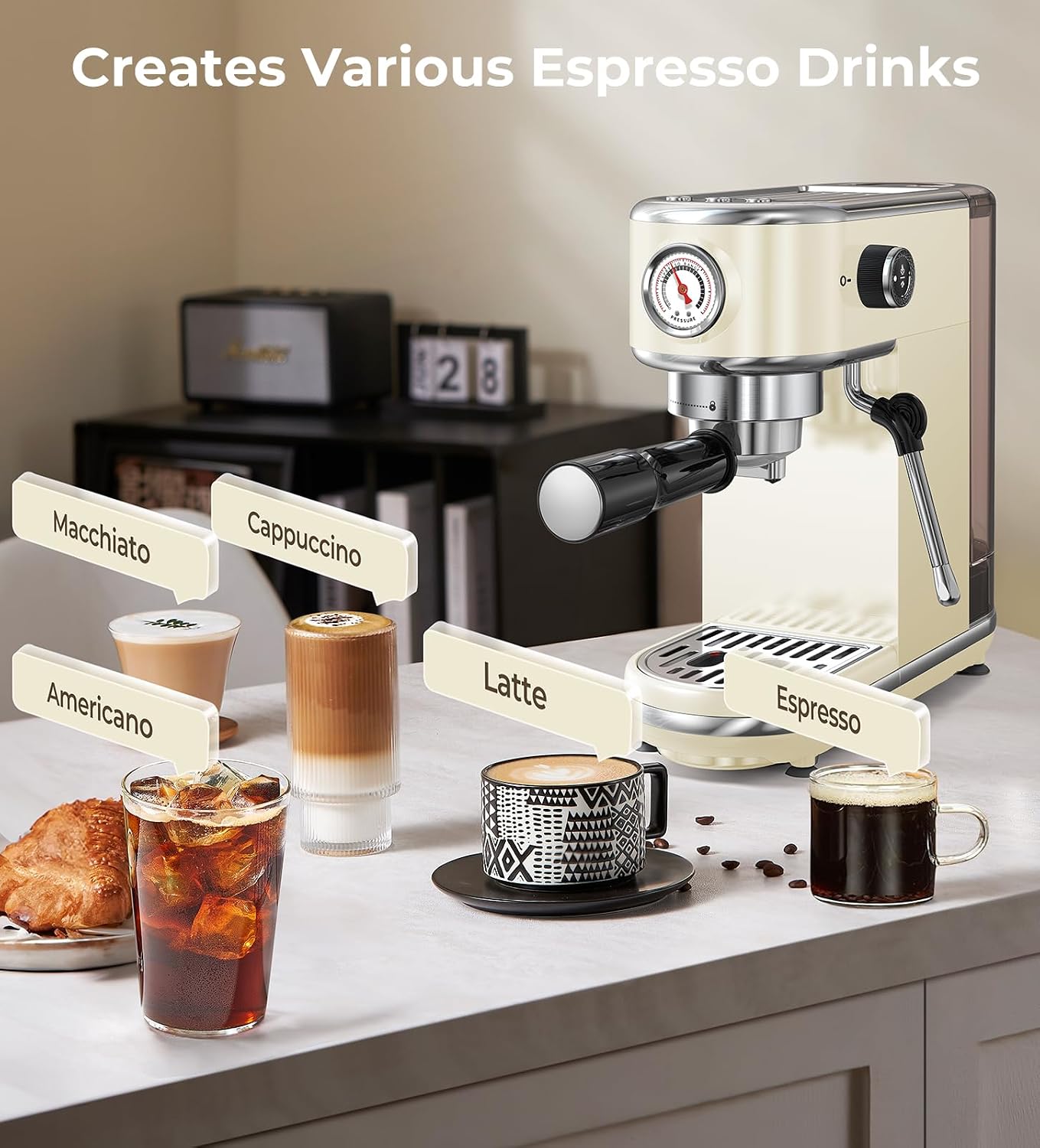 atatix 20 Bar Espresso Machine with Milk Frother, Compact Espresso Maker | Stainless Steel Coffee Machine with Precise Temp Control, 44oz Removable Water Tank for Latte, Cappuccino, White