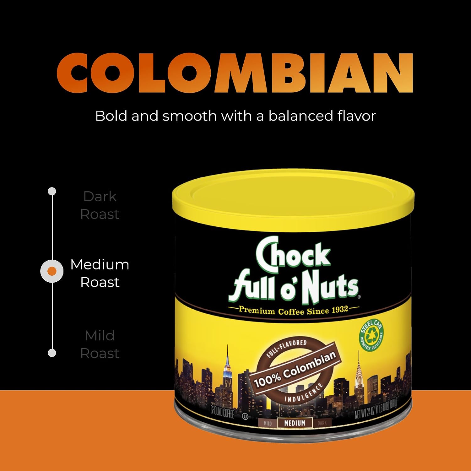 Chock Full o' Nuts French Roast Ground Coffee – Premium Beans in Recyclable Steel Can – Rich Flavor & Aroma, Dark Roast – Perfect for Drip, Pour-Over, Percolator – 26 Oz Can