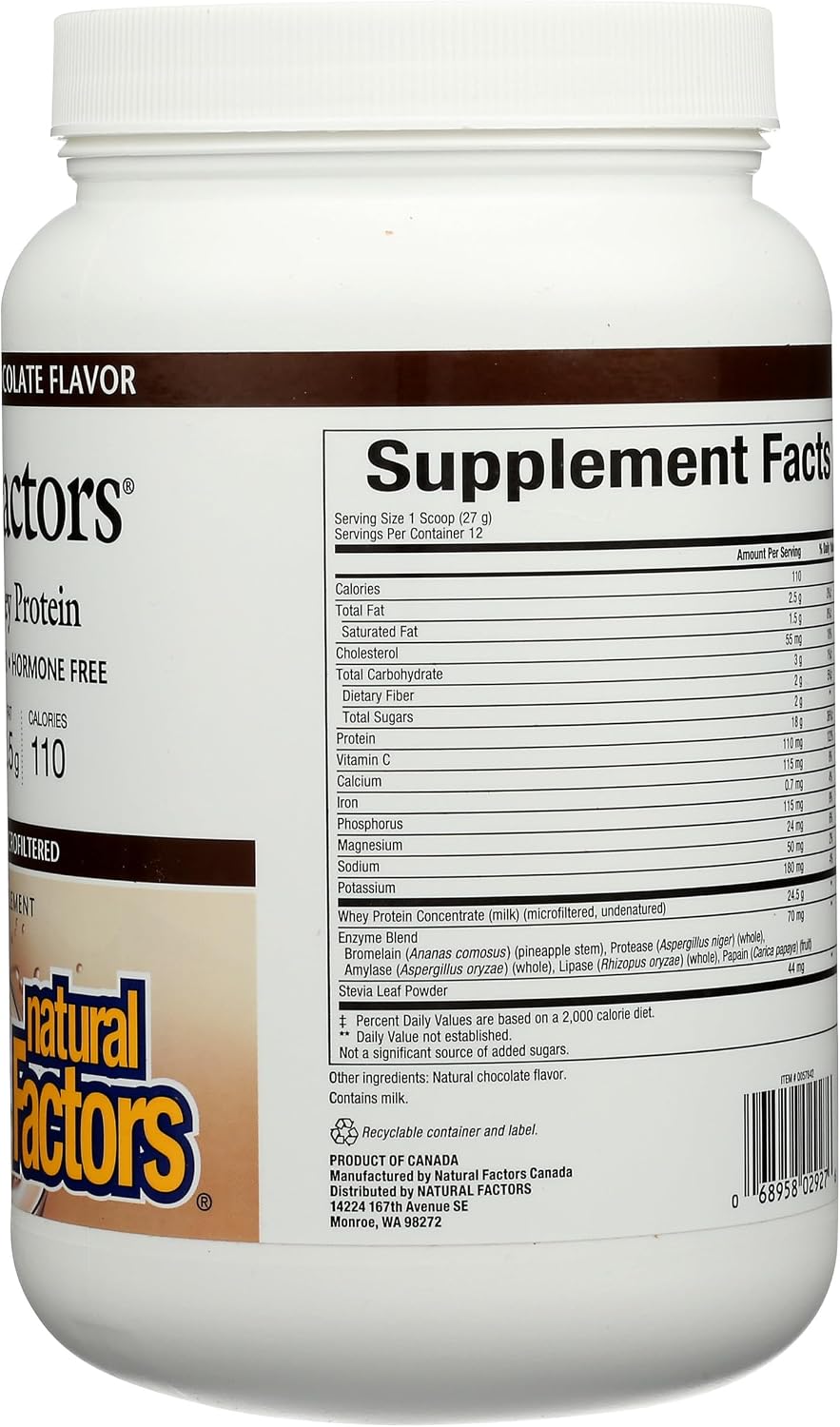 Whey Factors by Natural Factors, Grass Fed Whey Protein Concentrate, Aids Muscle Development and Immune Health, Unflavored, 2 lb