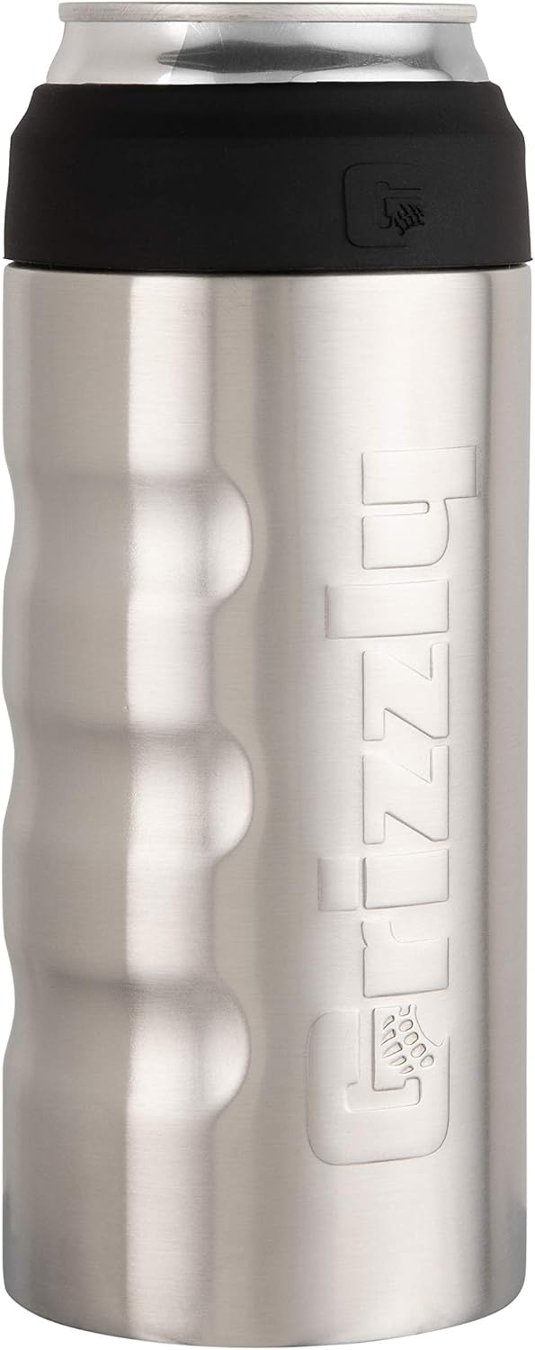 Grizzly Grip Slim Can, 12 oz Stainless Steel Can Cooler, Brushed Stainless