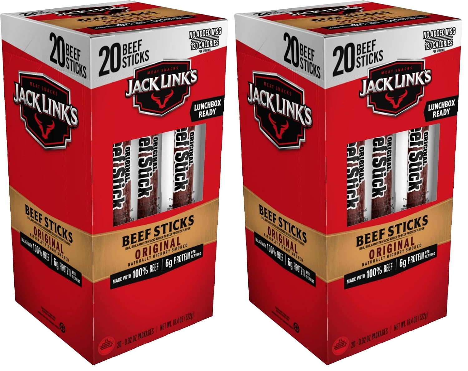 Jack Link's Original Beef Jerky Sticks - Made with 100% Real Beef - Ready to Eat Real Meat Protein Snacks - 6g Protein per Serving - 0.92 oz Meat Stick, 20 Count