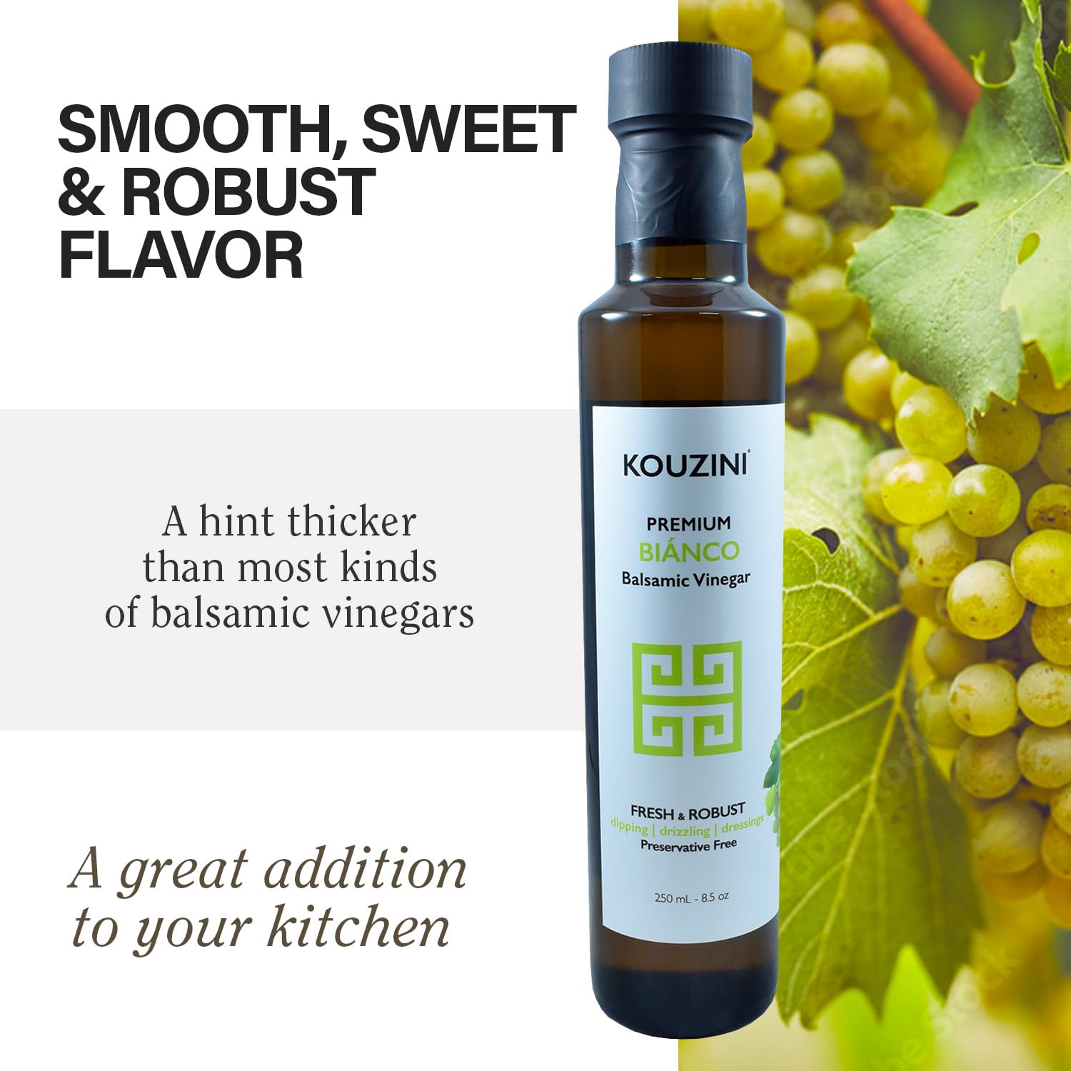 Kouzini Ultra-Premium Peach White Balsamic Vinegar, Aged, No Added Sugars or Preservatives, Ideal for Salads, Meats, Fish, Pizza, & Bread Dipping, Luxurious Balsamic Vinegar of Modena, 250ml