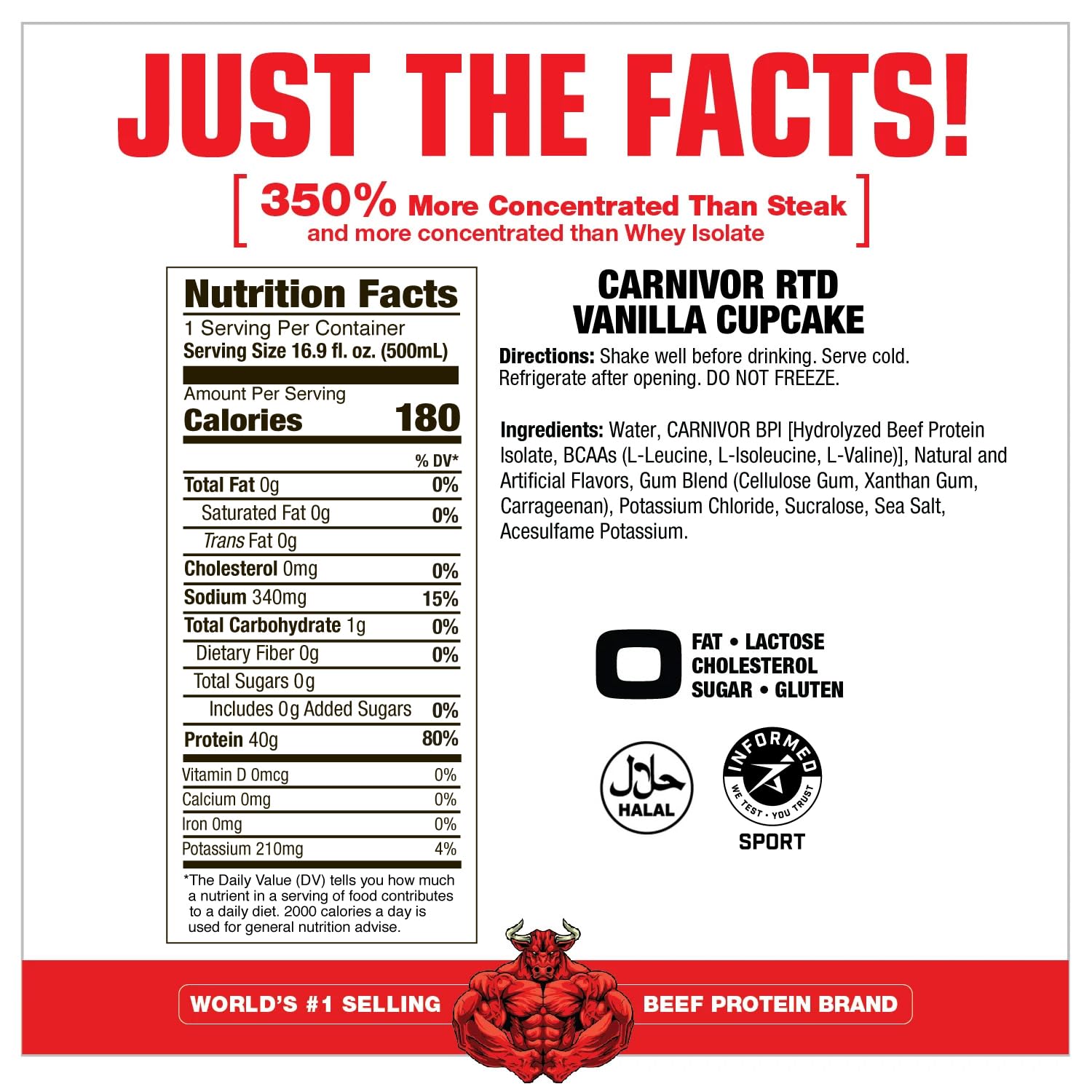 MuscleMeds Carnivor RTD, Ready to Drink Protein, Lactose Free, Sugar Free, 40g Isolate Protein, Muscle Building, Recovery, Chocolate, 16.9 Fl Oz (Pack of 12)