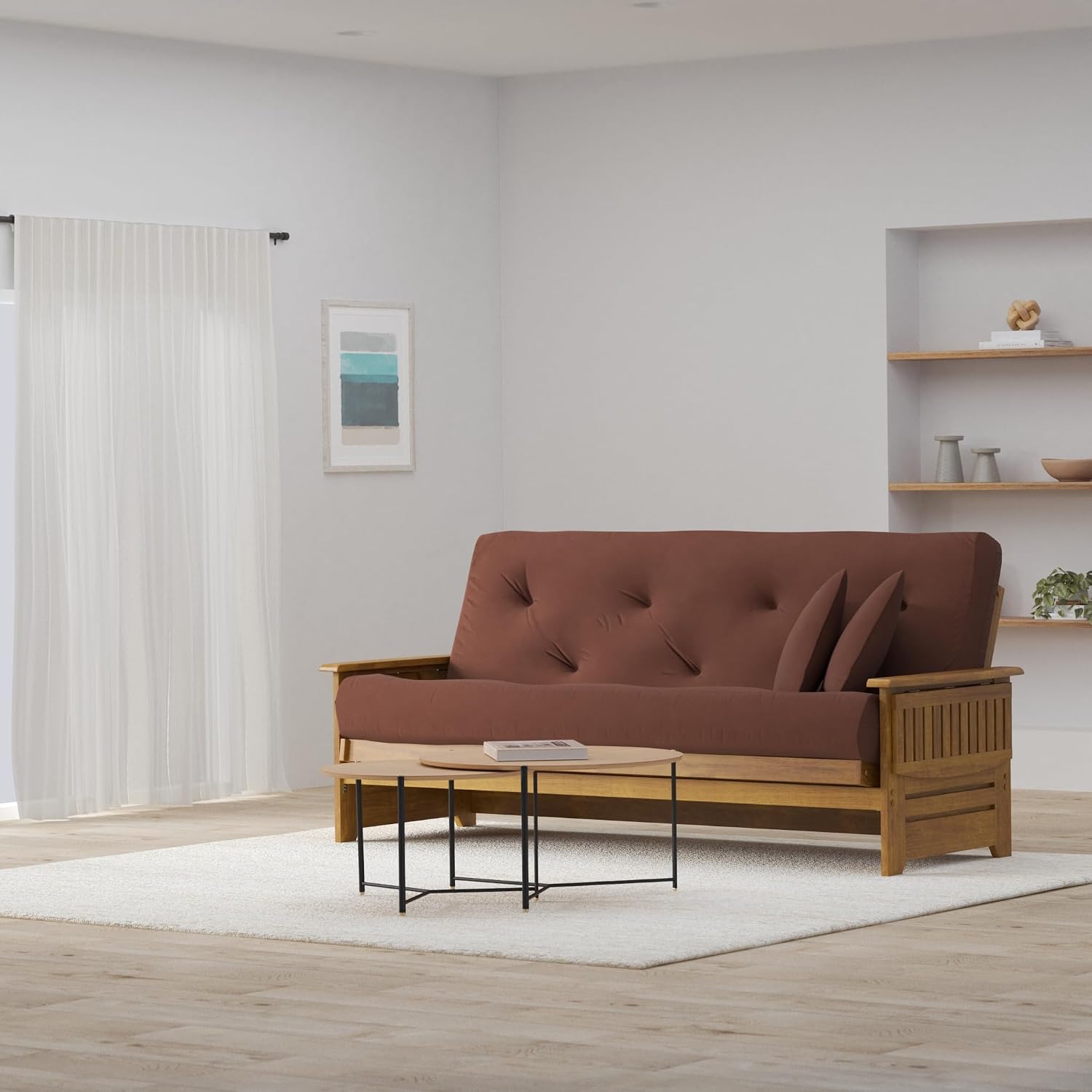 Brentwood Tray Arm Futon Sofabed Set - Queen Frame, 8" Microfiber Fudge Mattress, Heritage Finish
