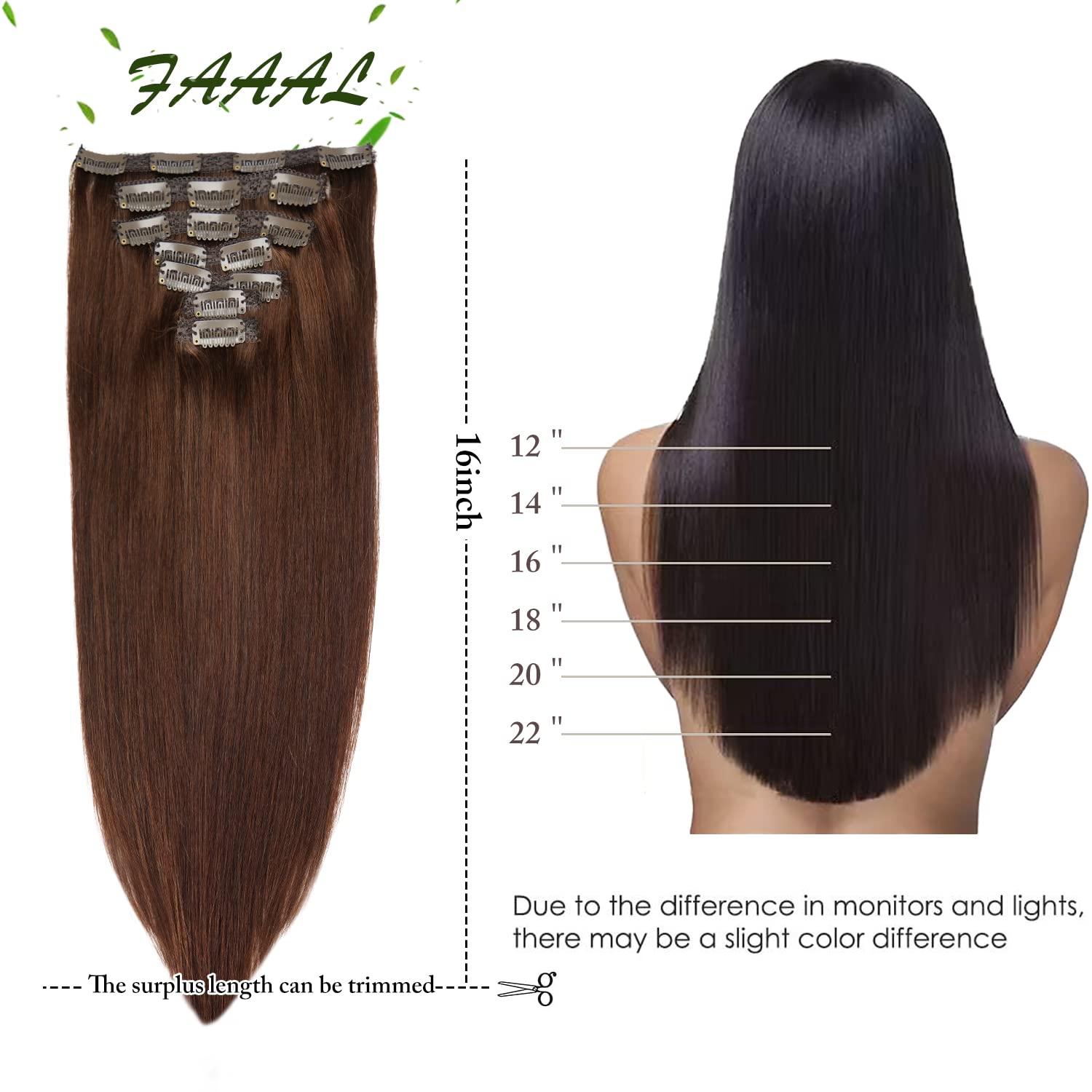 22" Clip in Human Hair Extensions Full Head 200g 10 Pieces 22 Clips Light Brown Double Weft Brazilian Real Remy Hair Extensions Thick Straight (22"