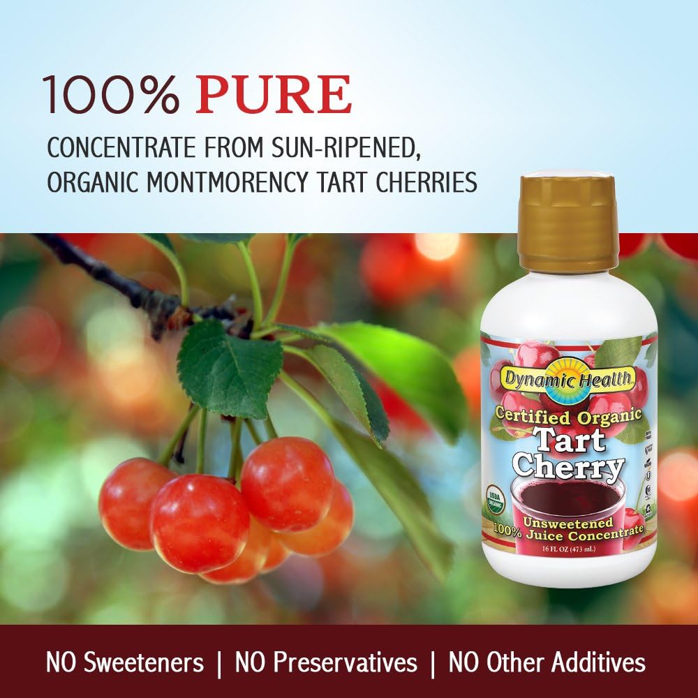 Dynamic Health 100% Pure Organic Certified Tart Cherry Juice Concentrate, 16-Ounce (Packaging May Vary)