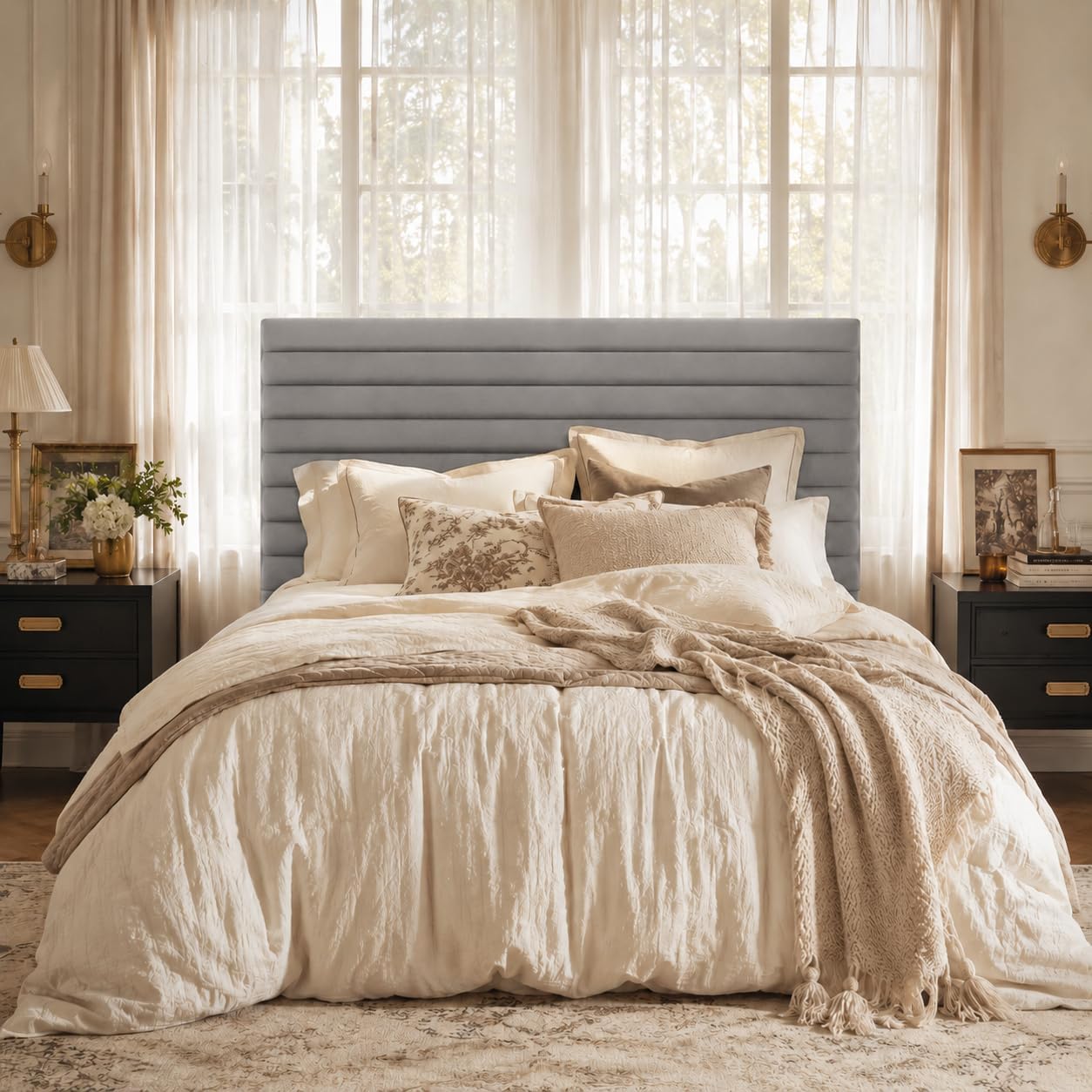 Allewie Queen Bed Frame, Velvet Upholstered Platform Bed with Adjustable Headboard, Horizontal Channel Design, Wood Slat Support, No Box Spring Needed, Noise Free, Easy Assembly, White