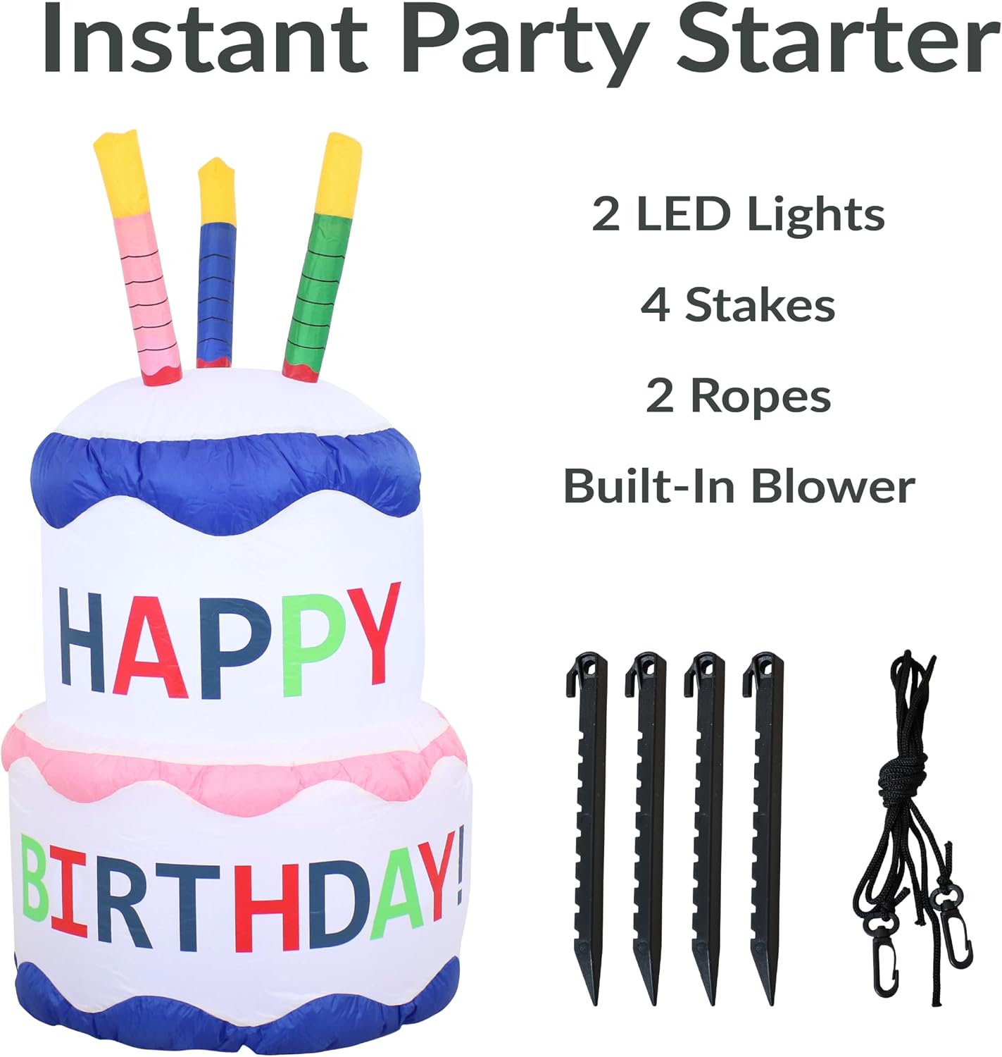Sunnydaze 4-Foot Happy Birthday Cake Inflatable Decoration - Fan Blower and LED Lights