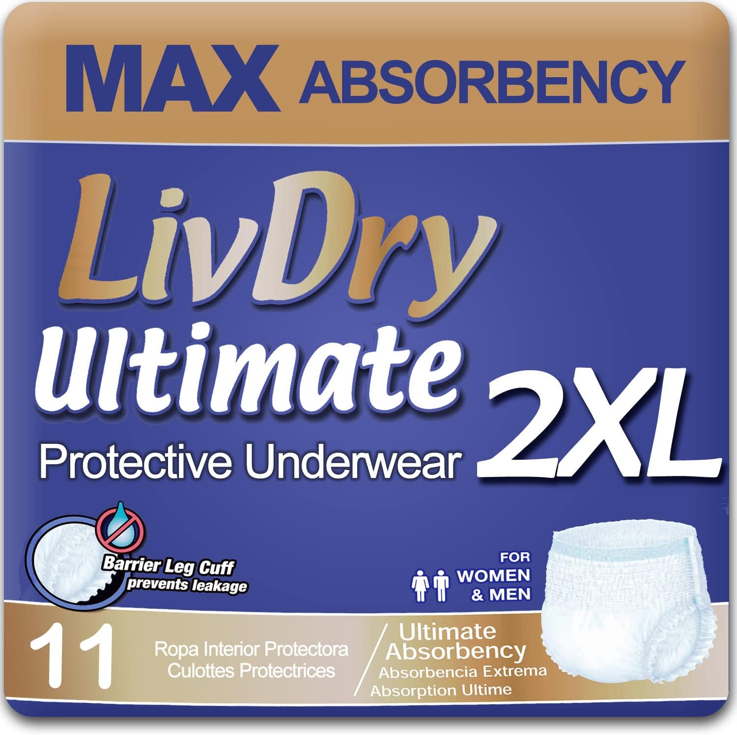 LivDry Ultimate XL Adult Incontinence Underwear, High Absorbency, Leak Cuff Protection, X-Large, 48-Pack