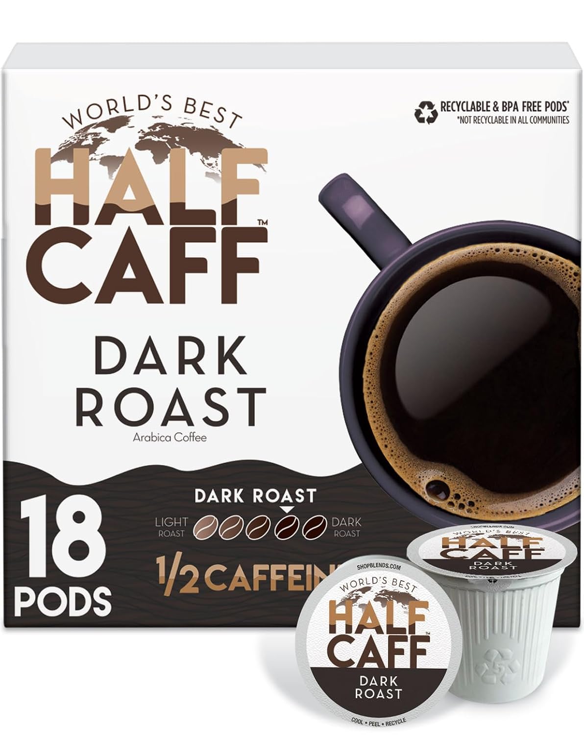 World's Best Half Caff Dark Roast Coffee Pods 100ct Keurig Compatible | 100% Arabica Coffee Single Serve Capsules & Pods Compatible with Keurig K-Cup Coffee Makers