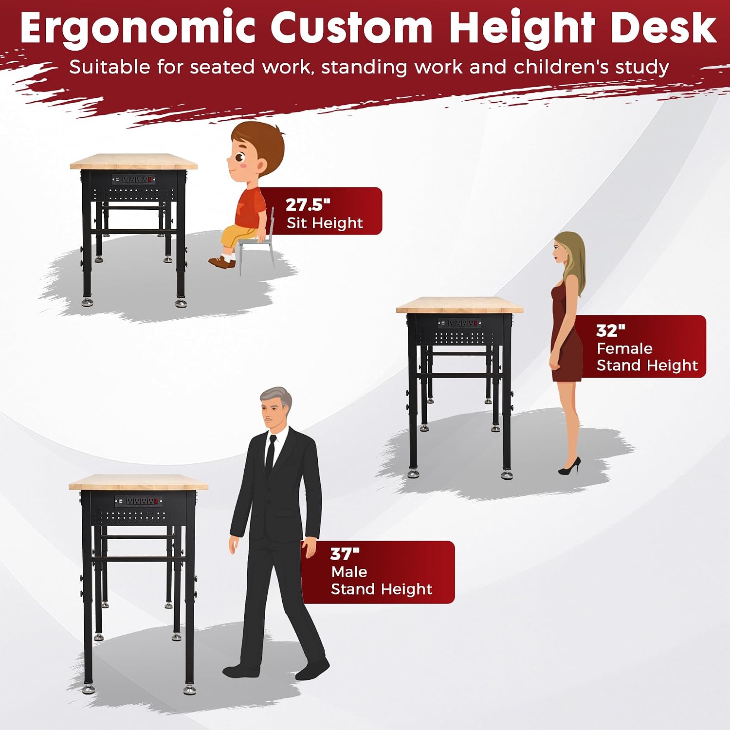 48" Adjustable Rubberwood Workbench with Foldable Extension Board & Power Outlet, Extra Large 48x32In 9-Level Height 27"-37", 2000 LBS Heavy Duty for Workshop Garage Office Home