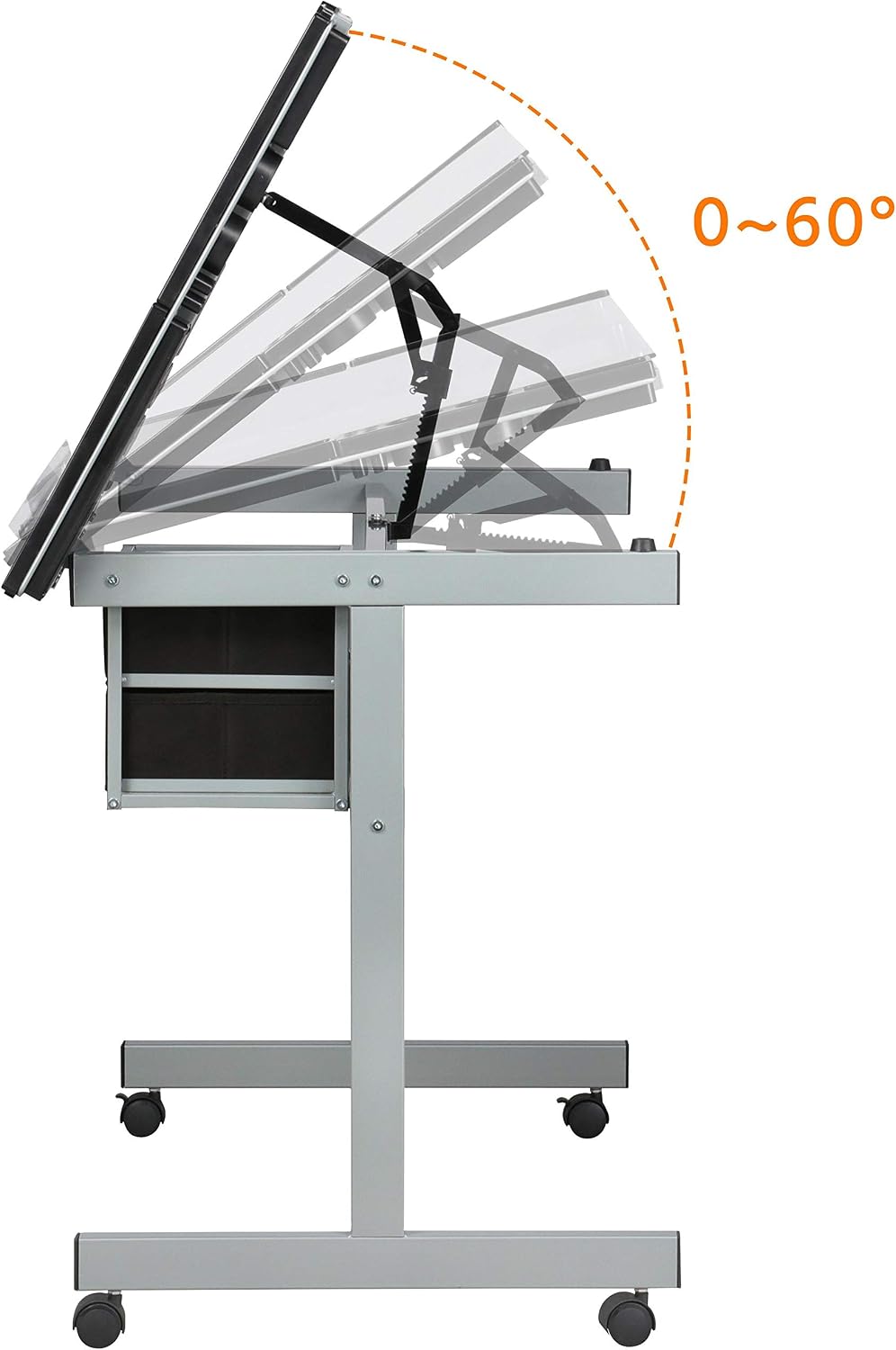 Topeakmart Glass Drafting Table Rolling Drawing Desk Artists Art Craft Desk w/2 Slide Drawers and Wheels for Home Office School