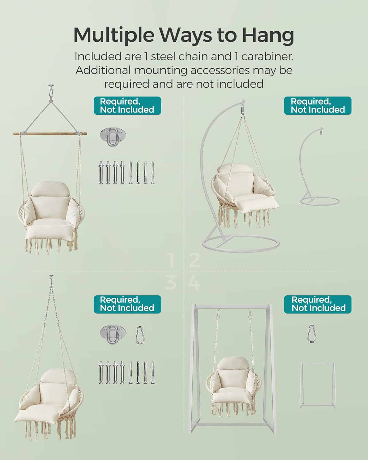 SONGMICS Hanging Chair, Boho Swing Chair with Large, Thick Cushion