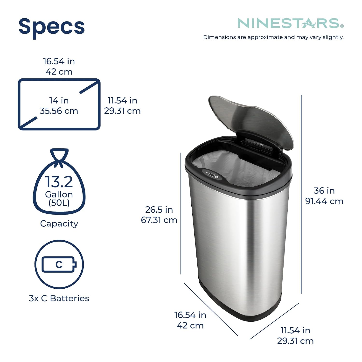 Ninestars 13 Gallon Oval Automatic Trash Can, 50L Touchless Motion Sensor Garbage Can with Odor-Sealing Lid & One-Touch Manual Mode