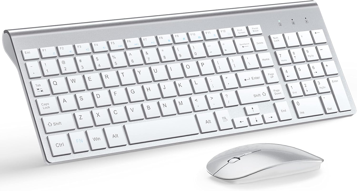 Wireless Keyboard and Mouse Ultra Slim Combo, TopMate - White | 2.4G Silent Compact 2400DPI Mouse and Scissor Switch Keyboard Set with Cover, Batteries Included, for PC/Laptop/Windows/Mac