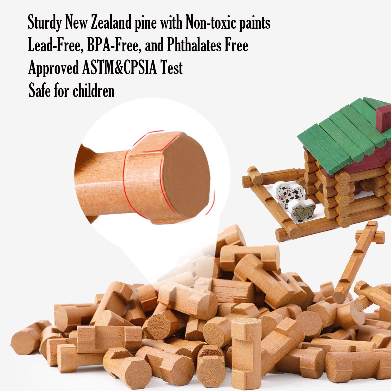 Wondertoys 170 Pieces Wood Logs Set Ages 3+, Classic Building Log Toys for Boy, Creative Construction Engineering Educational Gifts