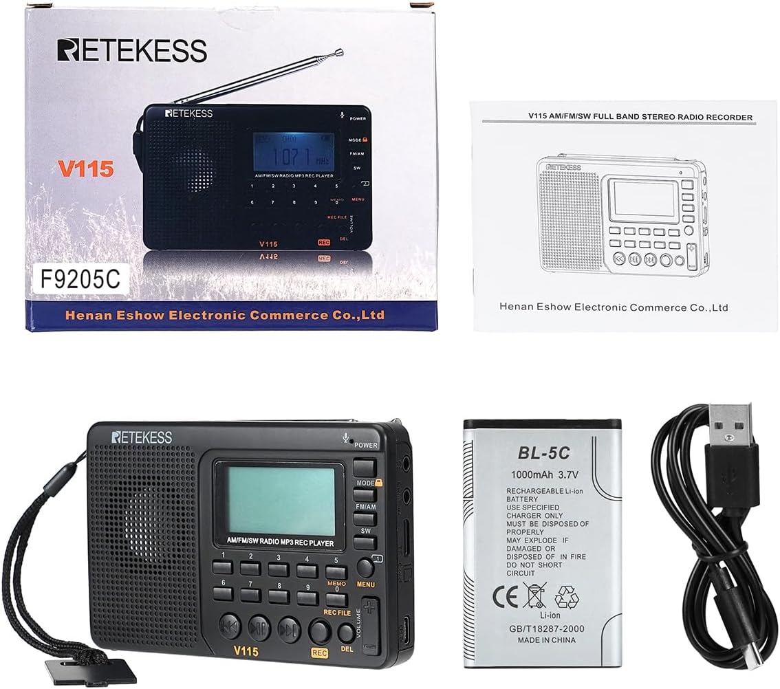 Retekess V115 Shortwave Radio, Digital Radio AM FM | for Camping, Shortwave Receiver, 1000mAh Rechargeable Battery, Presets, TF/AUX Playback