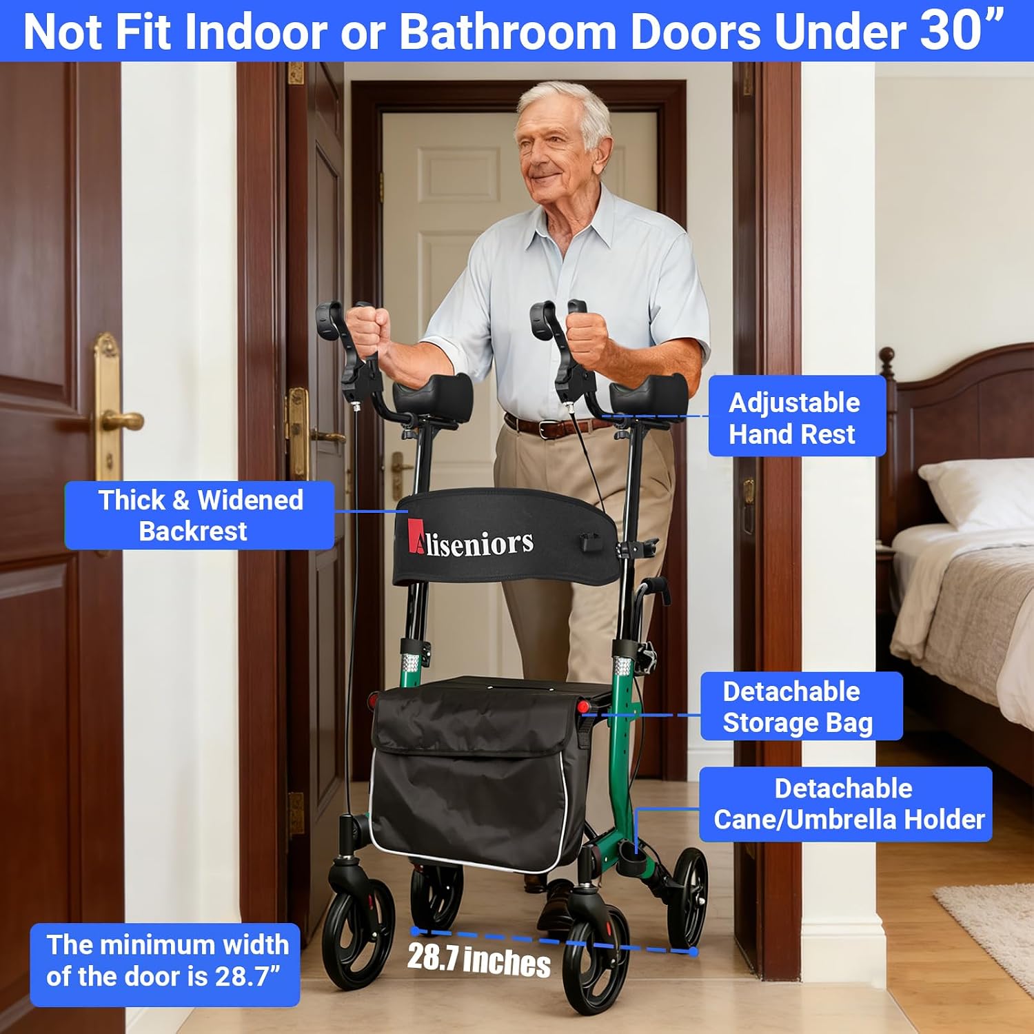 Aliseniors Upright Walker for Seniors - Big Stand Up Walker with Wide Seat, Foldable 4 Wheel All-Terrain Rolling Walker, Adjustable Armrests, 300lbs, Improves Posture & Reduces Back Strain | 20.6" Wide Seat, Foldable Rollator, 8" All-Terrain Wheels, Adju…
