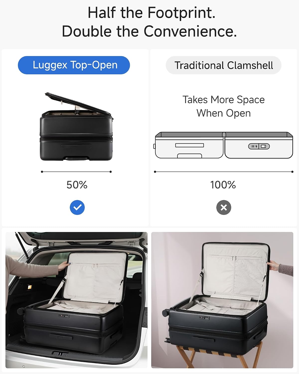 LUGGEX Checked Top Opening Expandable Suitcase, Black, 28" | Checked Luggage, Top Opening Design, 100% PC Hard Shell, Expandable Storage, TSA Approved Lock, 105L-115L Capacity, FX-Core