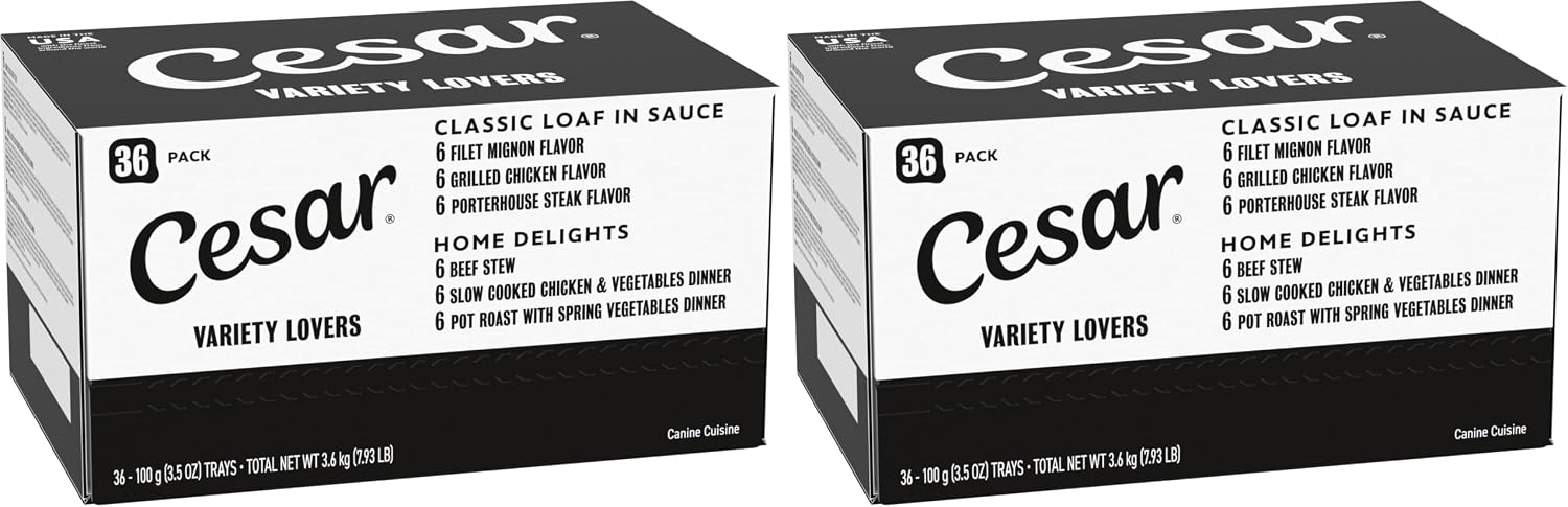 Cesar Wet Dog Food, Steak Lovers Variety Pack, 3.5 oz, 36 Count | Real meat #1 ingredient, easy peel trays, 100% complete & balanced, no fillers, no added sugar, no artificial flavors