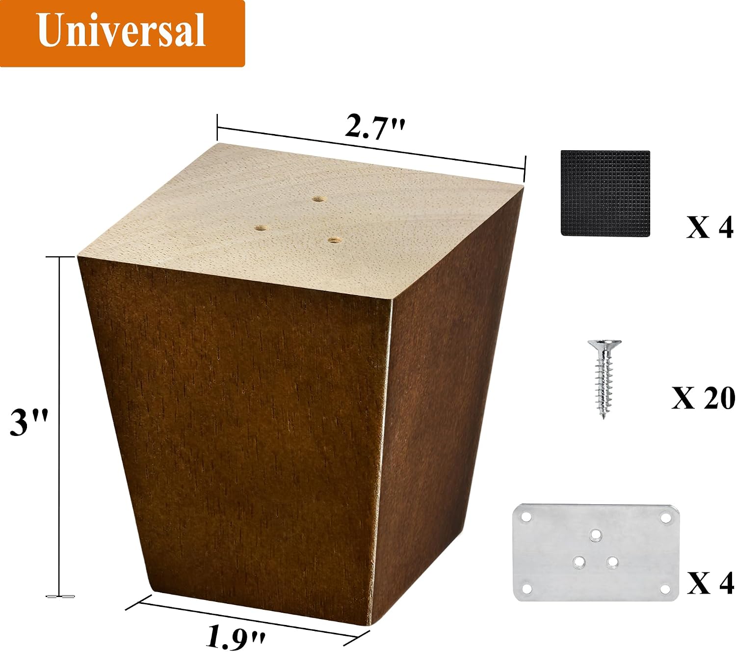 Sofa Legs Square Bed Feet 2 inch Wood Replacement Leg for Furniture Set of 4, Dark Brown