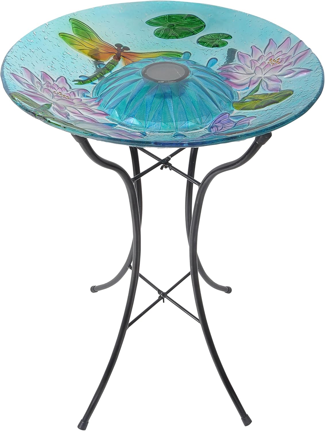 Teamson Home Handpainted Dragonfly Fusion Glass Solar Birdbath Bowl Feeder with LED Light for Outdoor Patio Garden Backyard Decking Decor