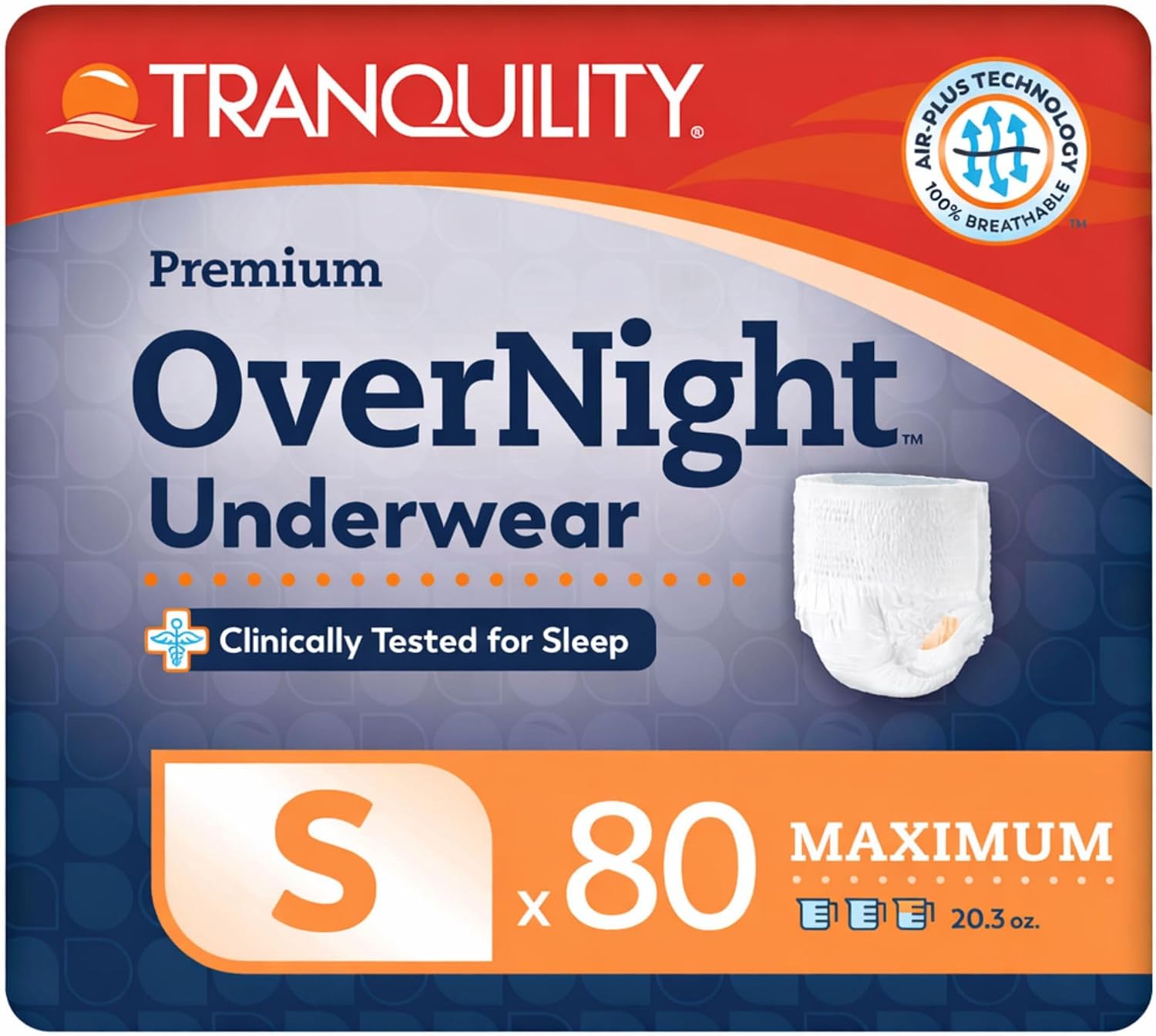 Tranquility Overnight Absorbent Underwear, S, Maximum, 36 in, 20 ct | All-Night Sleep, Breathable Comfort, Adult Diapers