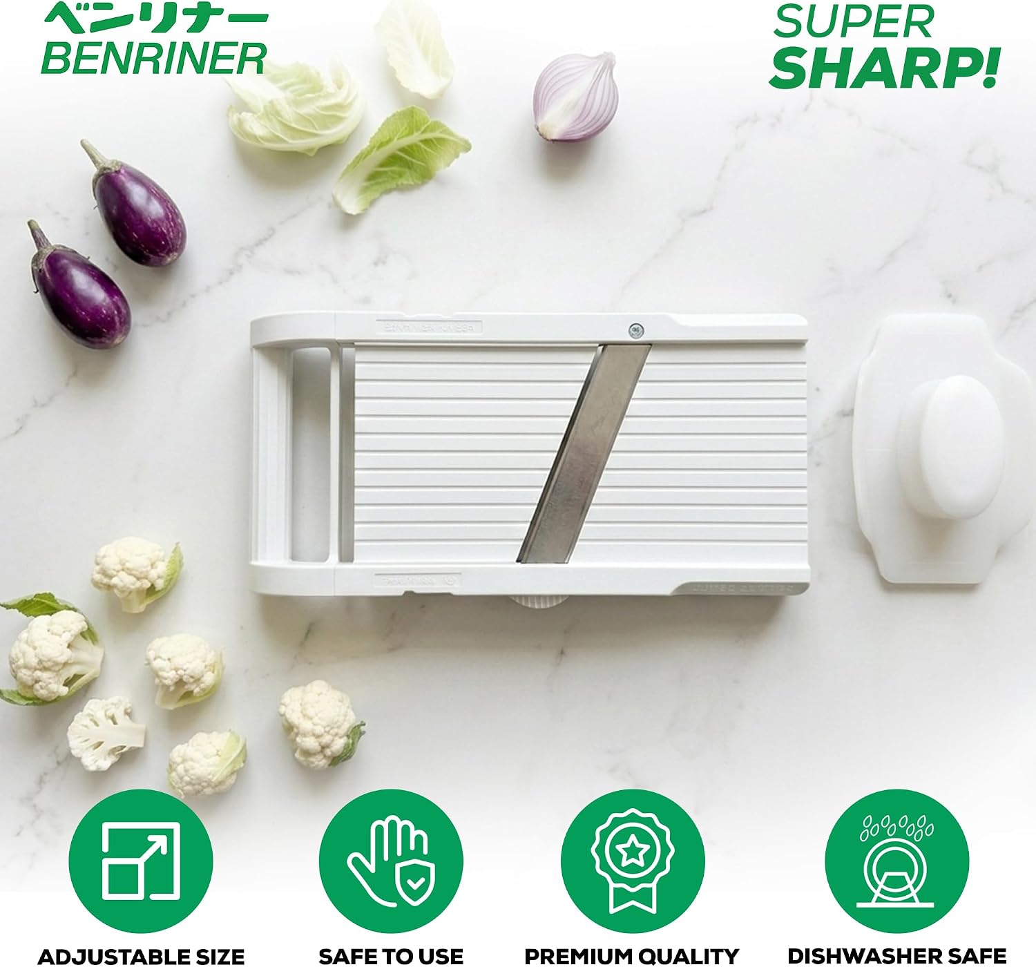 Benriner Mandoline Slicer with 4 Blades, Japanese Stainless Steel, BPA Free, 12.75 x 3.625-Inches, Beige