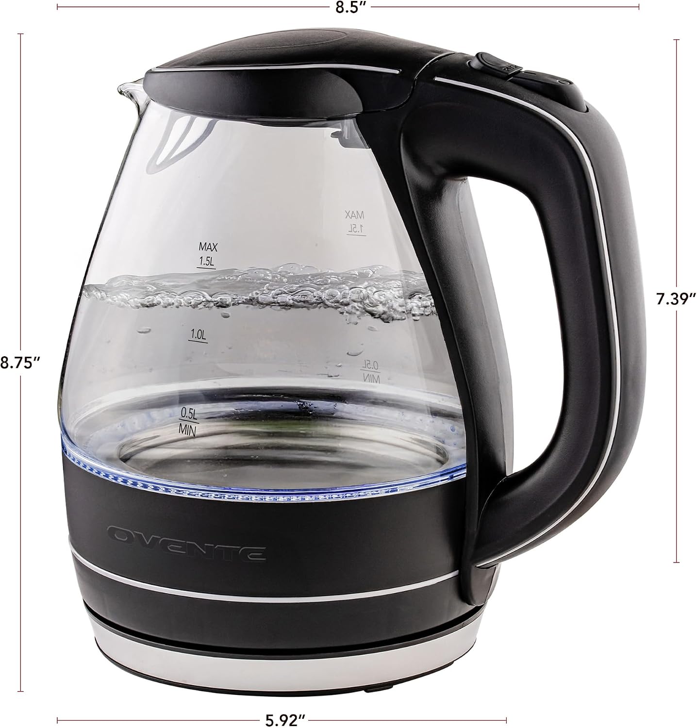 OVENTE 1.5L Glass Electric Kettle Water Boiler, Black KG83B | 1100W Fast Boiling, Borosilicate Glass, BPA-Free, Blue LED, Auto Shut-Off, Boil-Dry Protection, Removable Filter, 360° Base