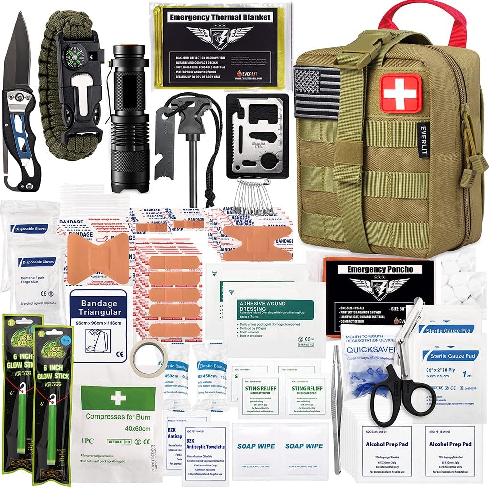 EVERLIT 250 Pcs Survival First Aid Kit | IFAK Outdoor Survival Kit Emergency Kit For Camping Hiking Hunting Earthquake Emergency Preparedness