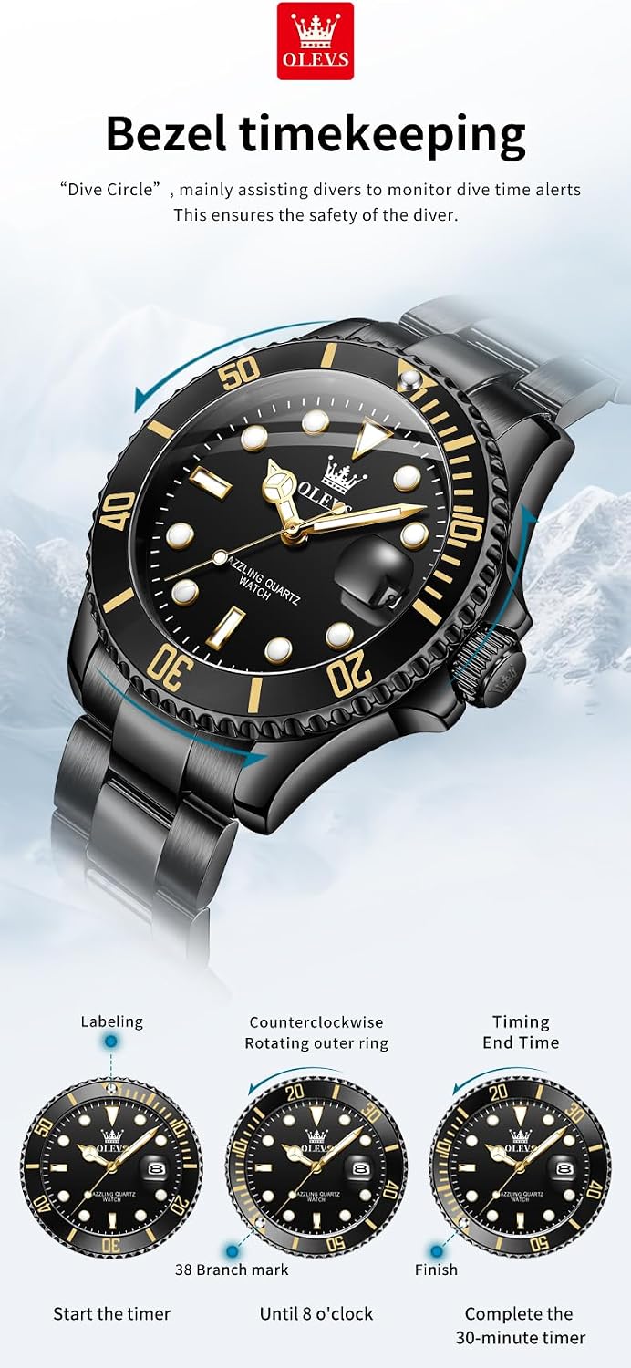 OLEVS Luxury Watches for Men Big Stainless Steel Waterproof Quartz Analog