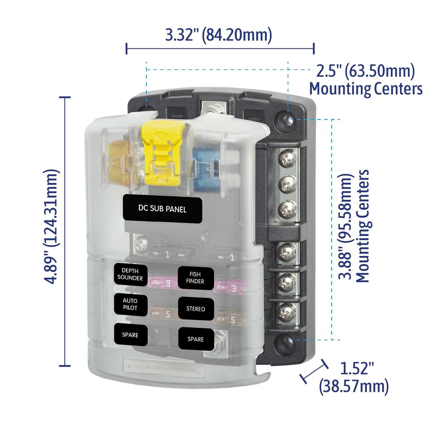Blue Sea Systems ST Blade Fuse Block 6 Way Circuits with Negative Bus and Cover, 100 Amps, 5025