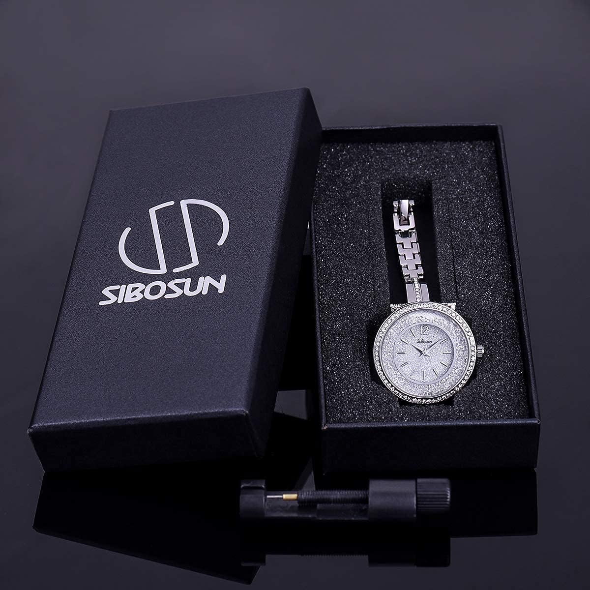 SIBOSUN Lady Women Wrist Watch Quartz Gold Stainless Steel Crystal Dress Fashion Bracelet