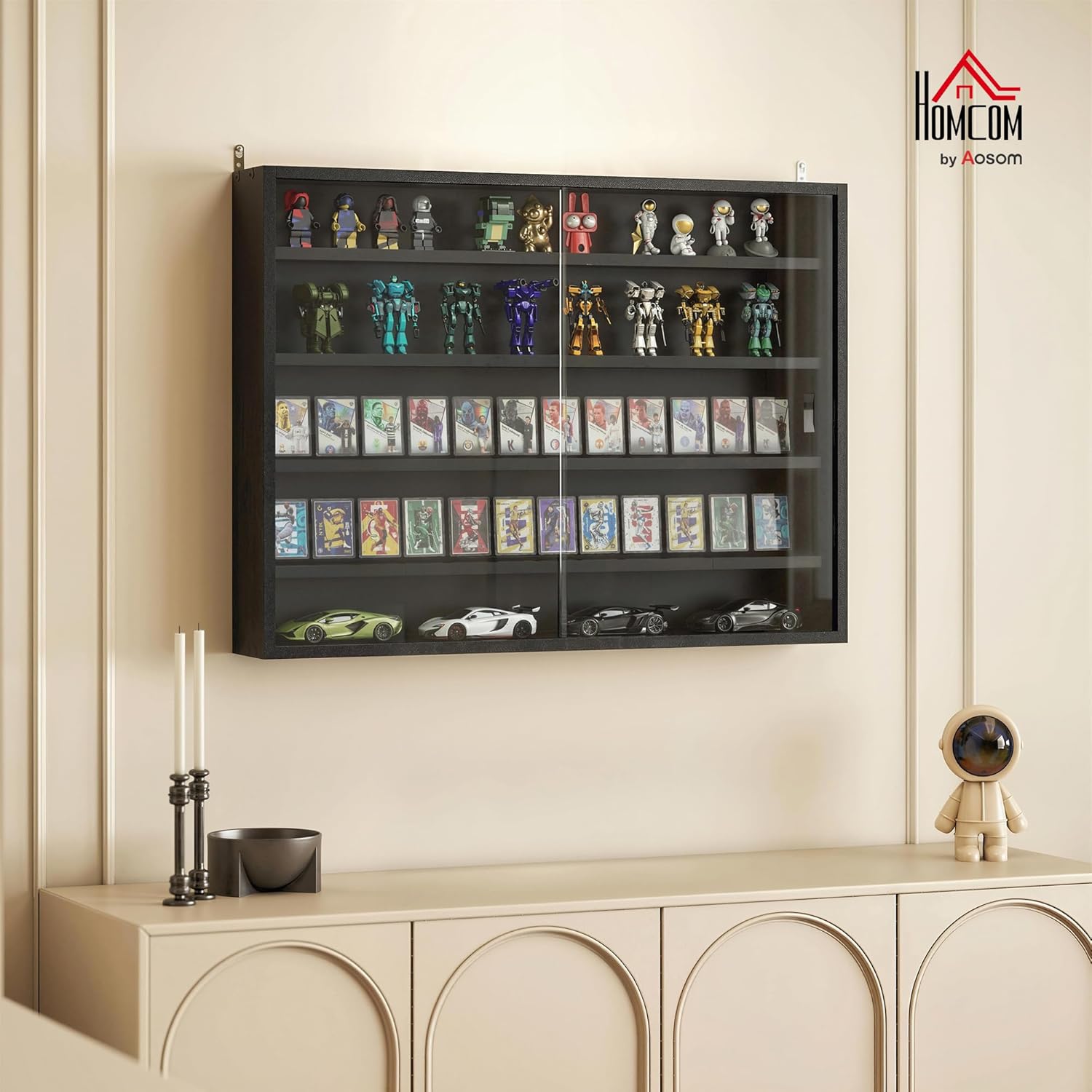 HOMCOM 5-Tier Display Cabinet, Glass Door Cabinet with Adjustable Shelves, Wall-Mounted Display Case for Playroom, Bedroom, Black