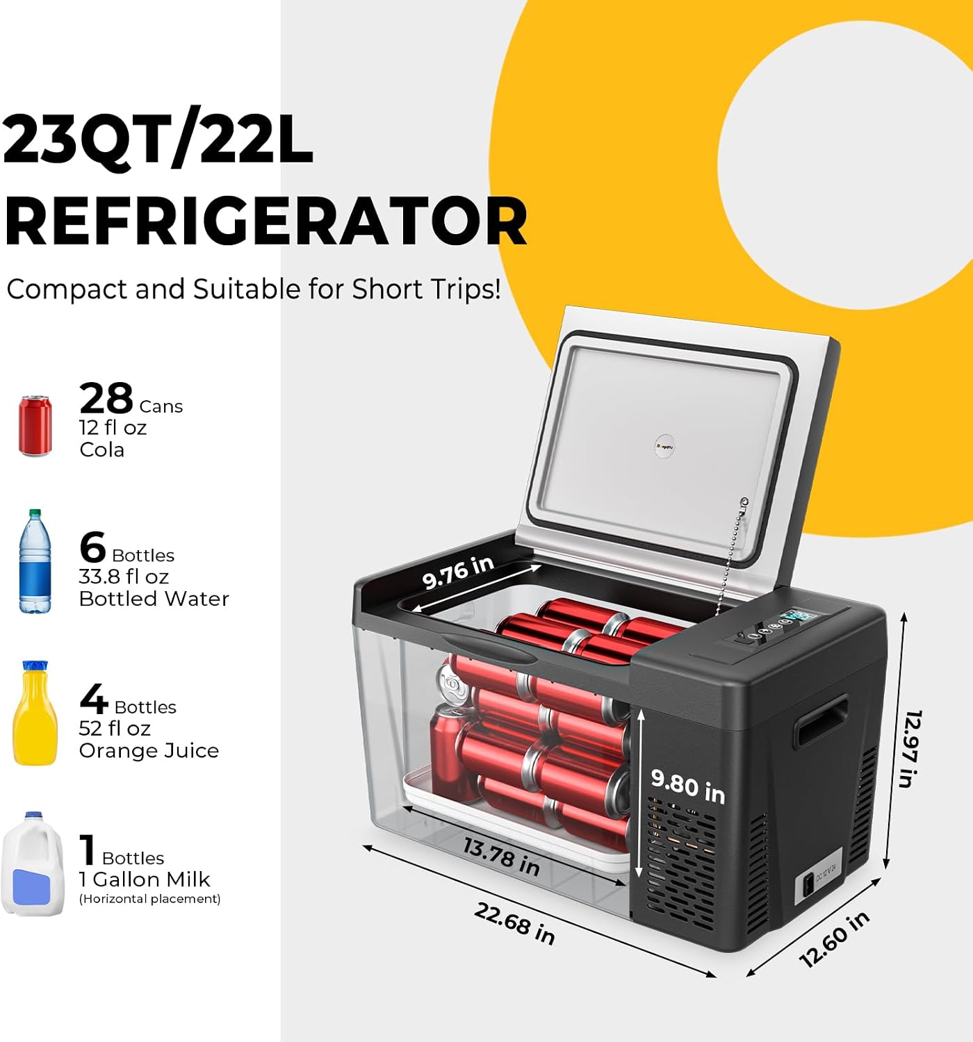BougeRV 12v refrigerator 23 Quart, -8℉~50℉ Portable Freezer for Car, Grey