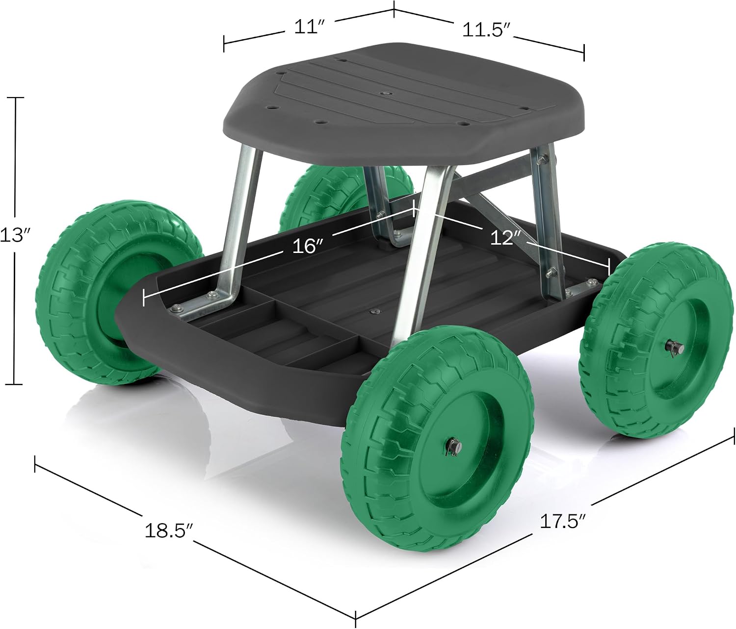 Pure Garden Rolling Garden Seat with Wheels and Tool Tray, Black/Green | Gardening Stool Garden Cart Scooter with Storage for Yard Tools