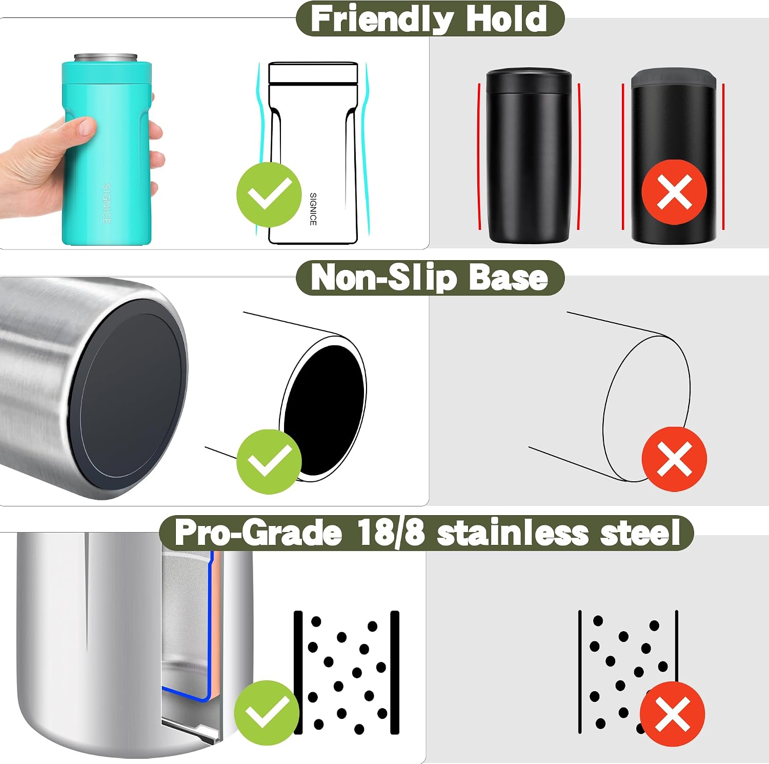 3 In 1 Insulated Universal Can Cooler - Signice Double Walled Vacuum Insulator Stainless Steel Slim Can Cooler for 12 Oz Skinny Tall Standard