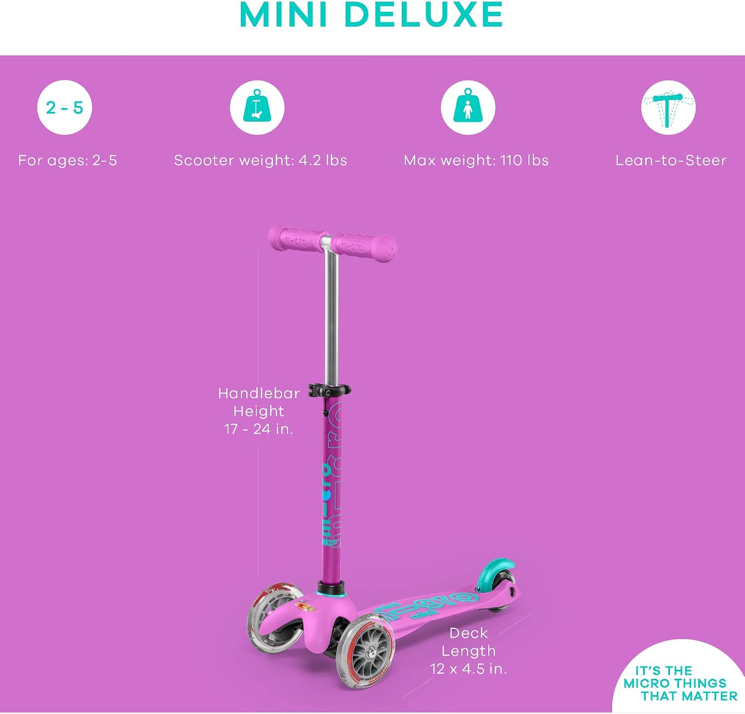 Micro Kickboard | Mini Kids Scooter for Ages 2-5 | Children up to 110 lbs | 3 Wheel Lean-to-Steer Design | Adjustable T Bar | Smooth Ride PU Wheels