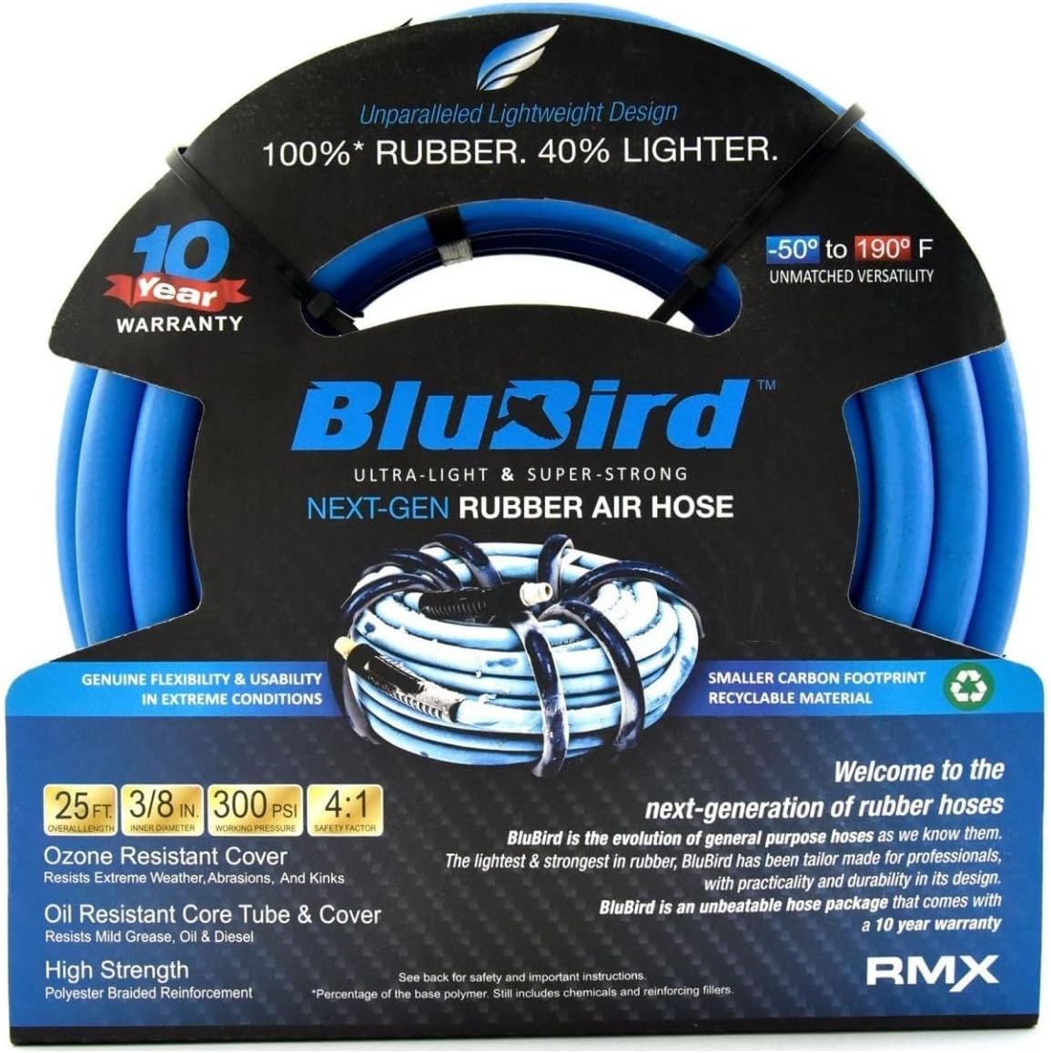 BLUBIRD BB3850 3/8" x 50' Rubber Air Hose, 100% Rubber, Lightest, Strongest, Most Flexible, 300 PSI, 50F to 190F Degrees, Ozone Resistant, High Strength Polyester Braided | High-Performance Pneumatic Hose for Automotive Construction & Industrial, Durable…