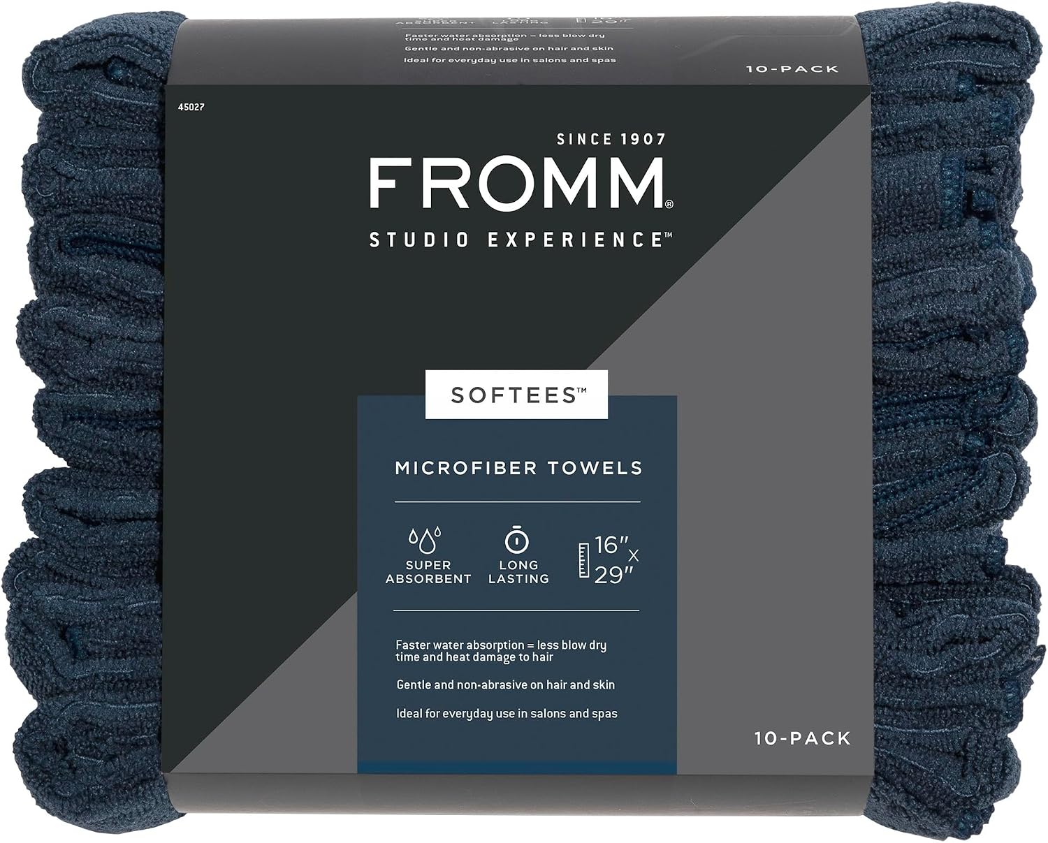 Fromm Softees Microfiber Hair Towels, Absorbent Salon Hair Towels for Hairstylists, Barbers, Spa & Gym, Fast-Drying, Ultra-Soft, Lint-Free, Multi-Purpose Towels, 16" x 29"- 10-Pack - Black